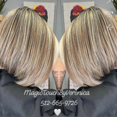 Full head of highlights with a chunky Money piece! #IrishCreamHighlights #HairDoneByVeronica