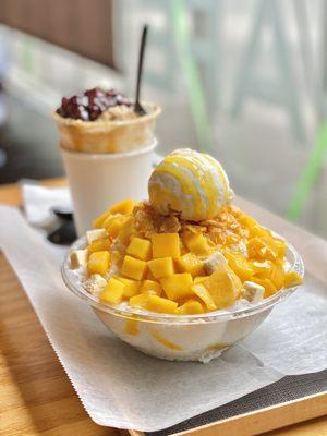 mango cheesecake bingsoo, soybean and red bean bingsoo