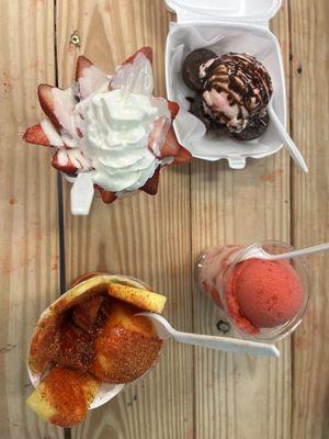 Brownie with ice cream, strawberry shaved ice, fresanada, and pindanada