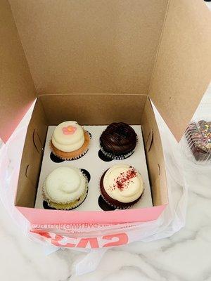 Strawberry, Chocolate Birthday Cupcake, Margarita, and Red Velvet Cupcake