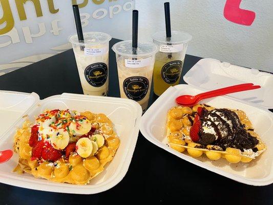 From left to right: Wintermelon Milk Tea, House Milktea, and Kumquat Tea & 2 customized waffles