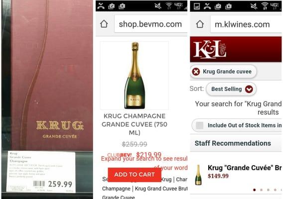 03/15/16 - Krug Grande Cuvee for $260, but $220 on BevMo's own website, and $150 at K&L stores all over the Bay Area.