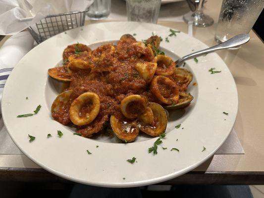 Clams and calamari over pasta