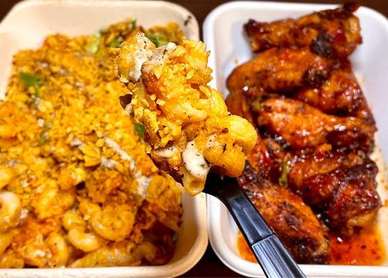 Buffalo Mac and Cheese and Mesquite Wings - sweet thai