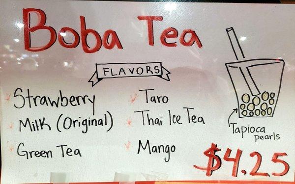 Boba tea menu