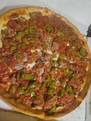 Italian sausage, Italian beef & green pepper pan pizza.