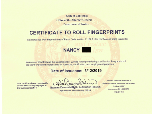 Mobile Fingerprint Roller for applicants for licensure, employment, and certification purposes pursuant (hard cards only).