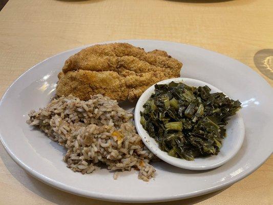 Cajun Fried Catfish with Dirty rice and collard greens