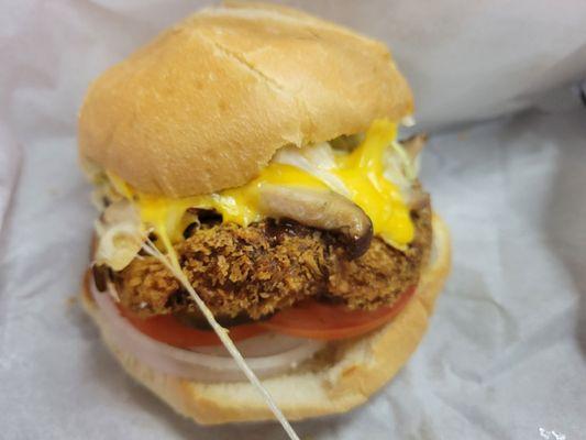 Impossible burger katsu with shitake mushrooms and American cheese