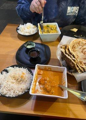 Butter chicken, basmati rice, garlic naan