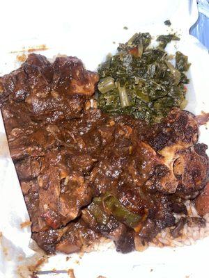 Oxtails, rice and peas with collards