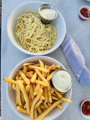 Only kid offering is pasta with butter. Added fries.