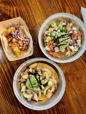 Top left; shrimp fried taco, top right; ceviche tostadas, bottom; aguachile tostada.