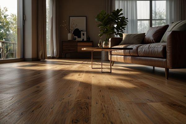 Elegant hardwood floors in a sunlit living room with modern furniture, highlighting comprehensive flooring services from Floor4U.