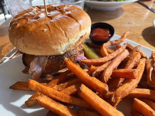 Blackened Salmon Burger with sweet potato fries