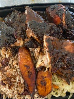 Jerk Chicken, beans and rice, Steamed Cabbage, Fried Plantain