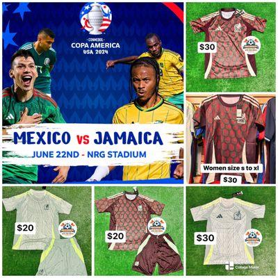 México va jamaica en Houston. Soccer kit small to xl 
Mens Soccer Jersey small to xxl 
Women jersey small to xl