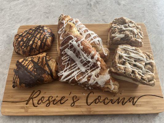 Chocolate croissant, apple turnover, raspberry crumb cake