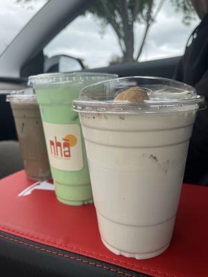 (left to right) hojicha latte, pandan dream, tiramisu latte