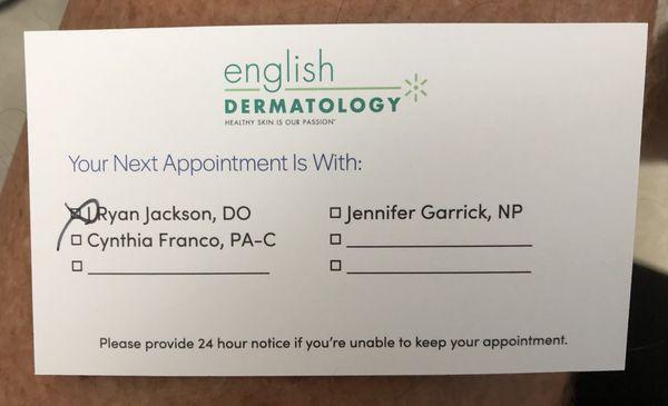 English Dermatology San Tan Valley appointment card