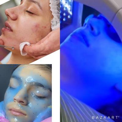 Facial treatments on acne, hydrating, and aging skin.