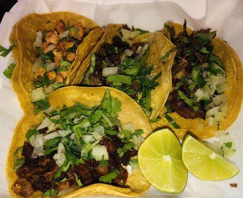 Left: chicken, steak, pork, bottom: carnitas tacos