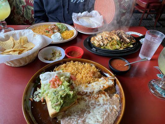 Shredded Beef Chimichanga and a Combo Beef/ Chicken Fajita.