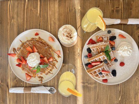 Pancakes and Waffle with Classic Mimosas.