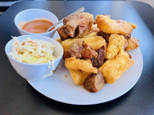 Yuca con chicharrón -- THE BEST is the whole Bay Area! Perfectly crisp and tender at the same time and the red sauce is delicious!