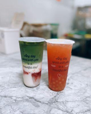 Strawberry matcha latte / $5.75, w/ mochi / $1 & lychee jelly / $0.65 + Grapefruit jasmine tea / $4.95, w/ honey boba / $0.75