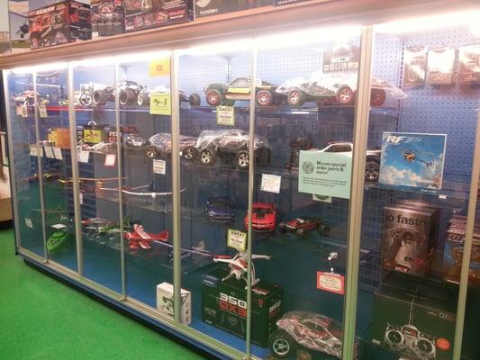 RC Case with many cars and drones on display