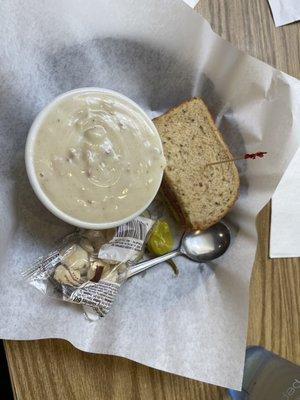 Clam Chowder and Half a Corned Beef Sandwich. Clam Chowder has smoky flavor. Corned Beef was thin (not the NY deli style) but good.