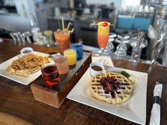 Sunday chicken, waffles and Bloody Marries in the loft