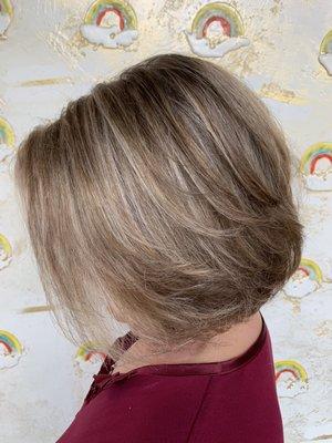 Dimension color to blend gray hair.