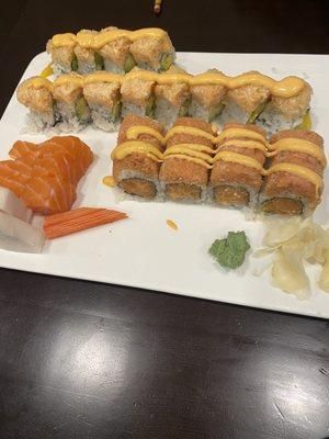 Salmon sashimi, tuna sashimi, crab sashimi, and sushi all you can eat!