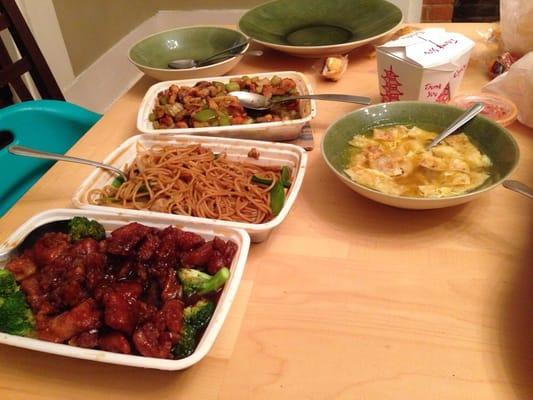 general taos, lo mein, kung pao chicken, eggdrop soup