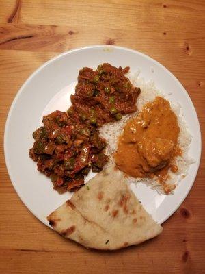 Takeout - goat korma, bhind masala, baingan bharta, naan.