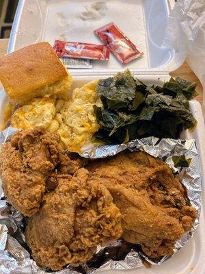 Three piece fried chicken, dinner with two sides and cornbread.