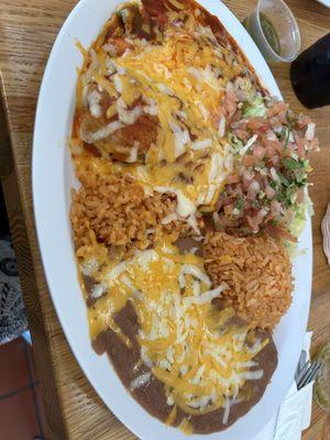 #6 - chicken tamal and chile relleno plate with salad, rice and beans