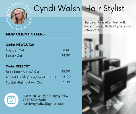 New Client Offers! Book Online using the code provided or text to schedule an appointment!