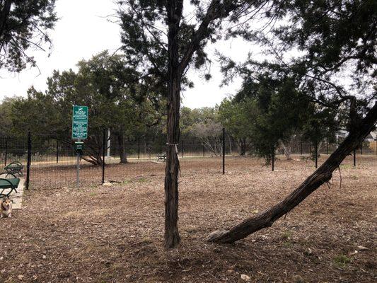 Looking into large dog area from small dog area. Both sides gave trees and metal benches.