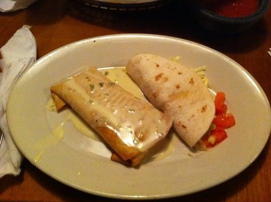 Beef chimichanga and soft chicken taco