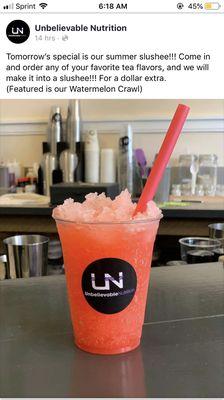 Come on in & try a remarkably refreshing Summer Slushee Tea ! Available in all of our flavors , caffeine free - boosted or lit !