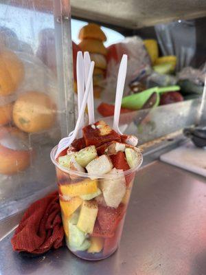 Mixed fruit cup $10.. additional plastic fork this guy charged $1... oh my!