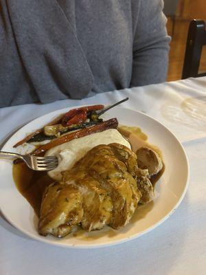 My friend's chicken that came with a brown sauce and Gorgonzola mashed potatoes.