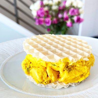 Akbar mashti- Iranian ice cream sandwich with saffron rose pistachio ice cream