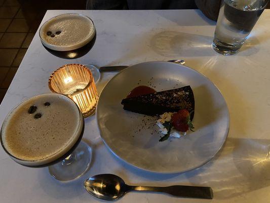 Flourless chocolate cake and espresso martinis.