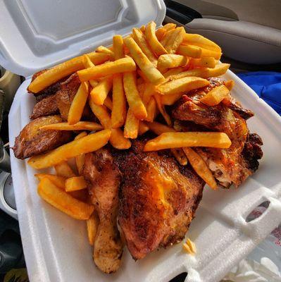 Half chicken, fries, plantains