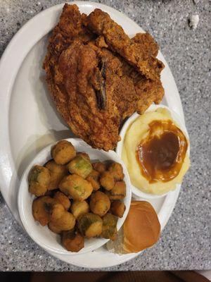 Fried chicken, okra, mashed potatoes