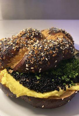 The Bumblebee is a must-try! Egg yolk spread, whitefish roe, and chives on a perfectly baked challah-bread bun.